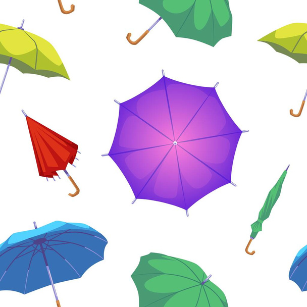 Seamless pattern design with colorful shut and open umbrellas, flat vector illustration on white background. Summer and autumn season endless pattern with umbrellas. - Wektor, obraz