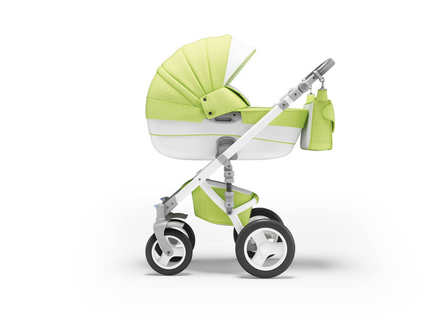 3d illustratie van kinderwagen wieg met mand voor wandelingen met licht groene inzetstukken op witte achtergrond met schaduw - Foto, afbeelding
