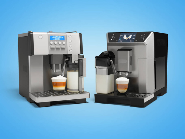 Groupe d'illustration 3d de machine à café avec machine à cappuccino pour différentes boissons à café vue de face sur fond bleu avec ombre - Photo, image