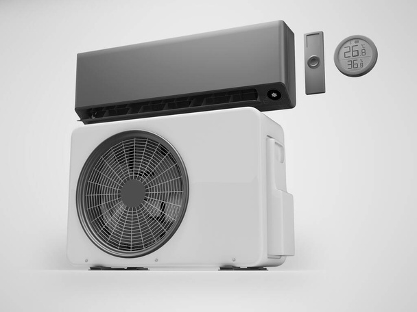 影とグレーの背景にオフィス冷却のためのエアコンの近代的なセットの3Dイラスト - 写真・画像
