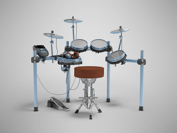 Illustrazione 3d del drum kit con amplificatore elettrico isolato su sfondo grigio con ombra - Foto, immagini