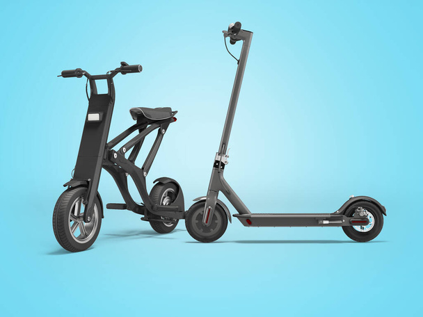 3d illustration of group of electric scooters for walking around the city on blue background with shadow - Photo, Image