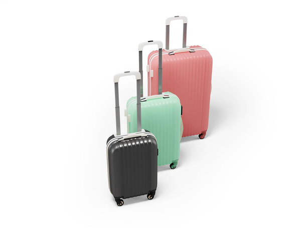 3D ilustrace skupiny velkých středních a malých kolečkových kufrů pro turistické cestování na bílém pozadí se stínem - Fotografie, Obrázek