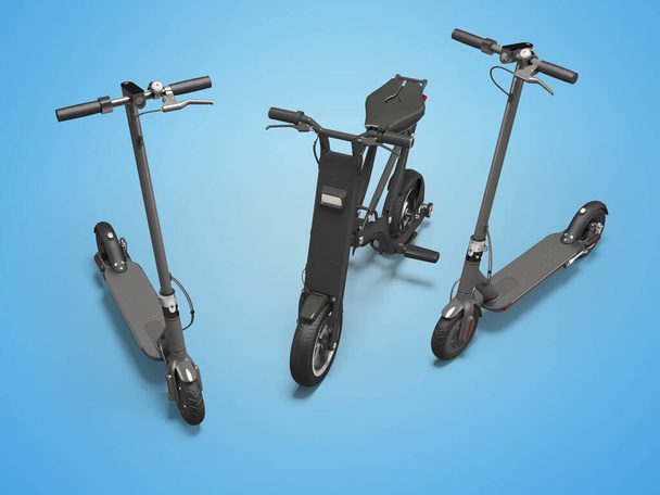 Ilustração 3d de grupo de scooters elétricos novos modernos para excursões turísticas no fundo azul com sombra - Foto, Imagem