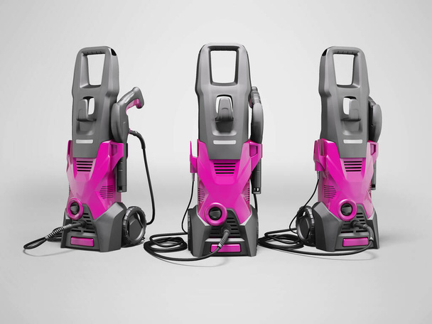 3d ilustração rosa grupo elétrico mini lavadora de alta pressão para lavar carros em fundo cinza com sombra - Foto, Imagem