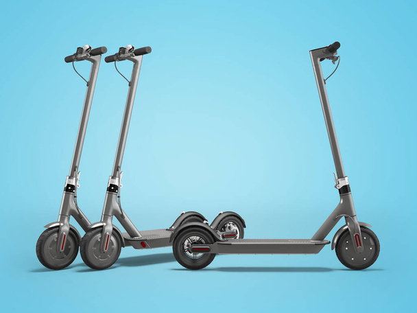 3D иллюстрационный набор современного электрического скутера для прогулок по городу на синем фоне с тенью - Фото, изображение
