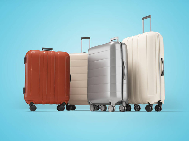 3D απεικόνιση του συνόλου των βαλίτσες σε τροχούς για τουριστικές διακοπές σε μπλε φόντο με σκιά - Φωτογραφία, εικόνα