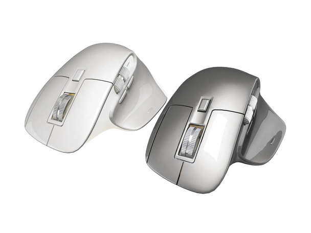 3D illusztráció professzionális két modern számítógépes egerek munka fehér háttér nincs árnyék - Fotó, kép