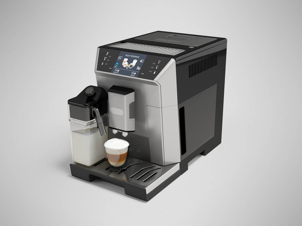 Illustration 3D de la machine à café à écran tactile avec machine à cappuccino pour boissons à café vue de face sur fond gris avec ombre - Photo, image