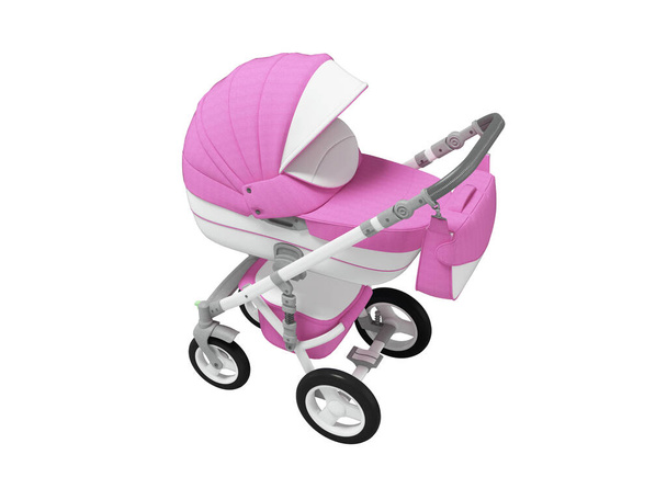 3d illustration of white baby carriage bassinet for walks with pink inserts on white background no shadow - Photo, Image