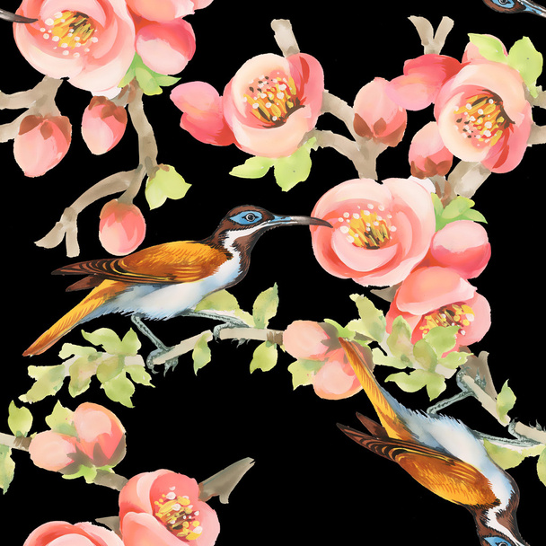 Seamless pattern with birds and flowers - Foto, afbeelding