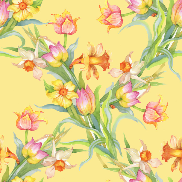 Seamless pattern with colorful tulips and daffodils - Photo, image