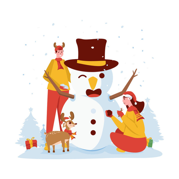 Dělat sněhuláka, když přijde zima Vánoce ploché ilustrace - Vektor, obrázek