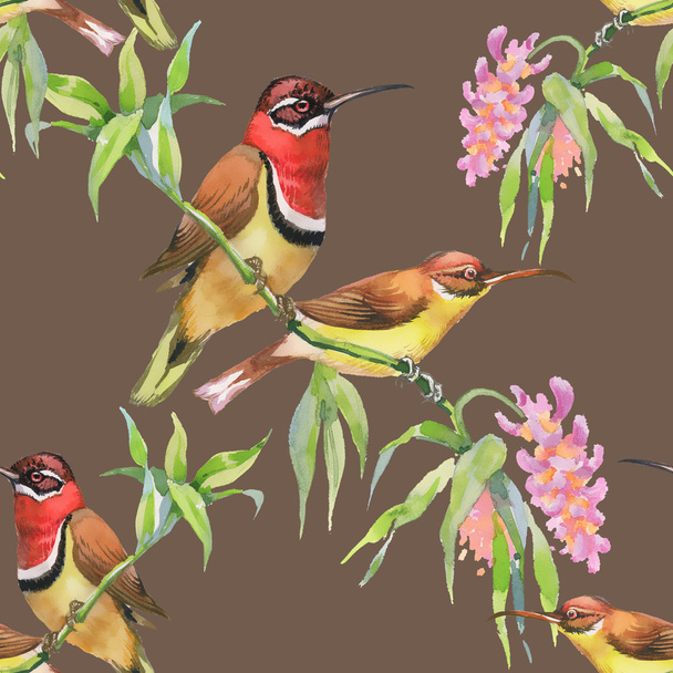 Seamless pattern with birds and flowers - Φωτογραφία, εικόνα
