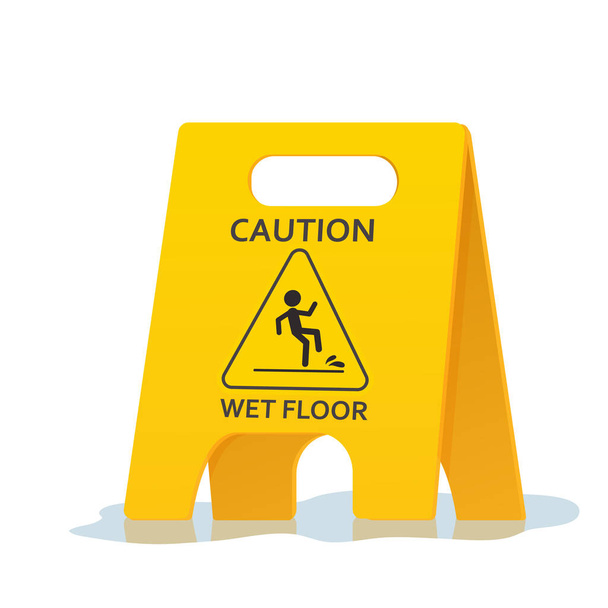 Предупреждение о влажном полу, желтый символ с водой, изолированной на белом фоне. Скользкая поверхность берегитесь пластиковой доски. Векторная иллюстрация - Вектор,изображение