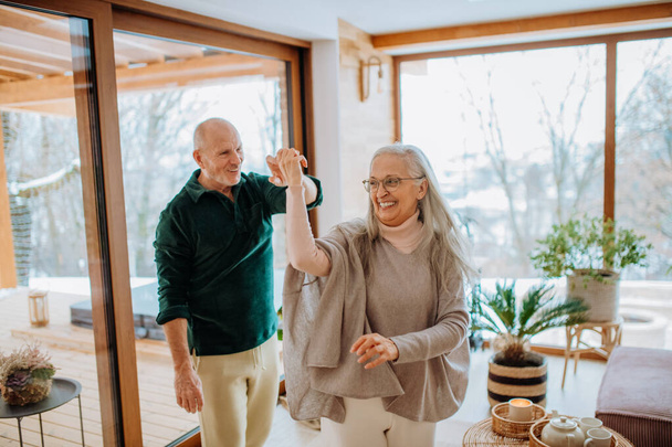 Senior couple in love dancing together in their nice modern living room. - Foto, Bild