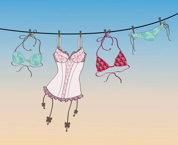 Pantie, bra and lingerie hanging on rope - Vector, Image