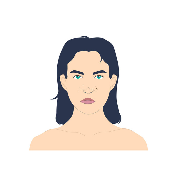 Cuidado cosmético de la cara, mujer triste con puntos negros en la nariz, vector aislado sobre fondo blanco. Ilustración vectorial - Vector, Imagen