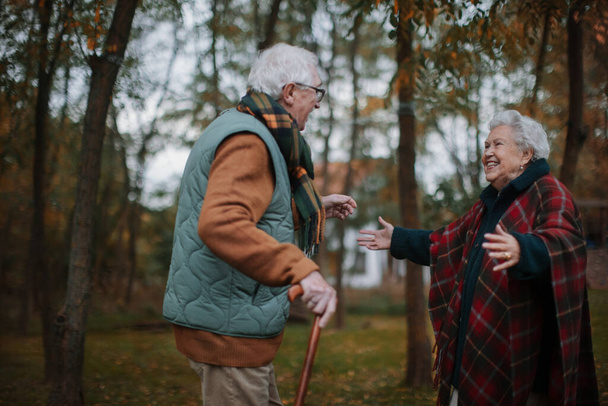 Senior couple greeting together in autumn nature. - Fotó, kép