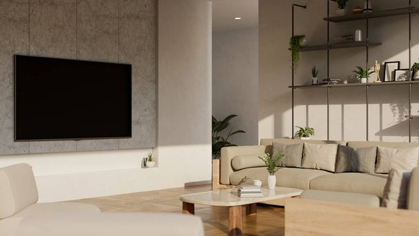 Luxuriöse moderne Wohnzimmereinrichtung mit bequemen beigen Sofas, Couchtisch, TV-Bildschirm an der Marmorwand und stilvollen Loft-Regalen mit Dekor. 3D-Renderer, 3D-Illustration - Foto, Bild