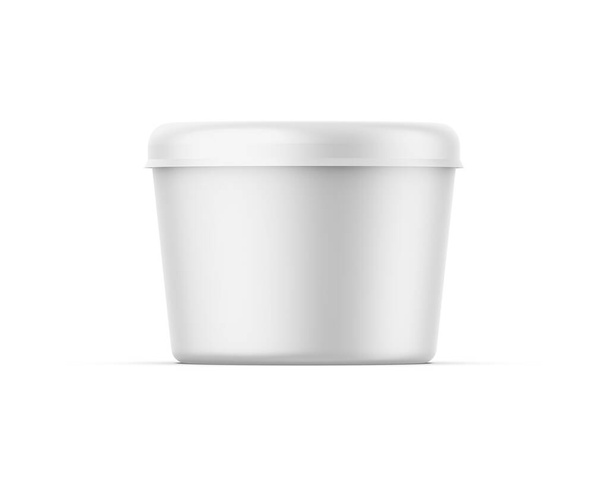 Blank matowy plastikowy kubek z pokrywą na jogurt, śmietankę, deser lub dżem. Realistyczny szablon makiety opakowań. Ilustracja 3D renderowania - Zdjęcie, obraz