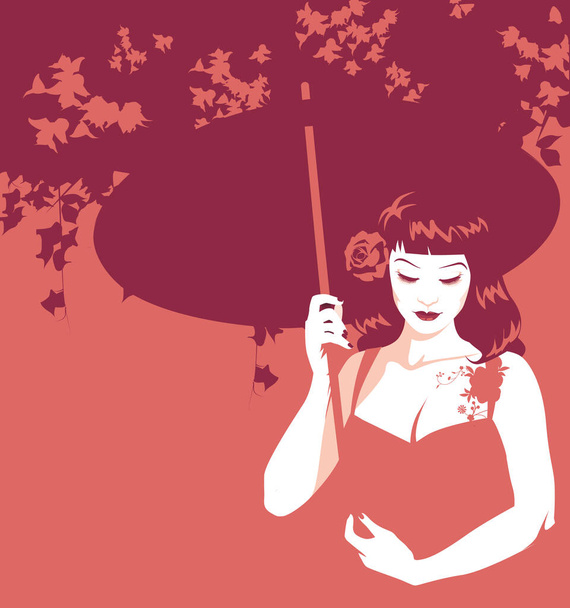 Schöne Mädchen gekämmt und gekleidet im Retro-Pinup-Stil hält einen Regenschirm unter einem blühenden Baum - Vektor, Bild