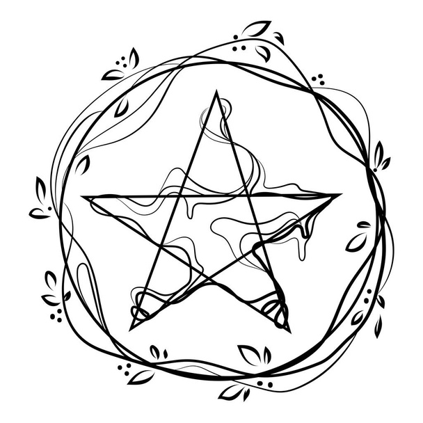 Pentagonal star graphic pentagram in a circle with branches and leaves Line drawing icon logo vector illustration.Five pointed star,pentacle,acculite sign isolated on white background.Tattoo or print - Vector, Image