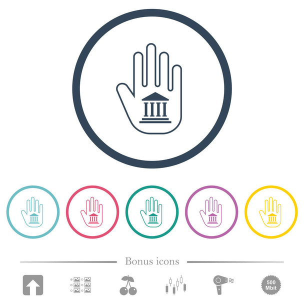 Знак банківської санкції у формі руки окреслює плоскі кольорові піктограми в круглих контурах. 6 бонусних піктограм включено
. - Вектор, зображення