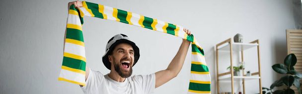 hombre sorprendido en sombrero sosteniendo bufanda mientras que mira campeonato, bandera - Foto, imagen