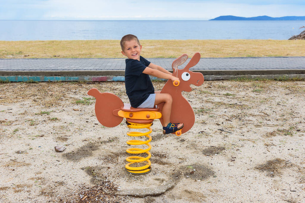 Мальчик катается на осле по детской площадке - Фото, изображение