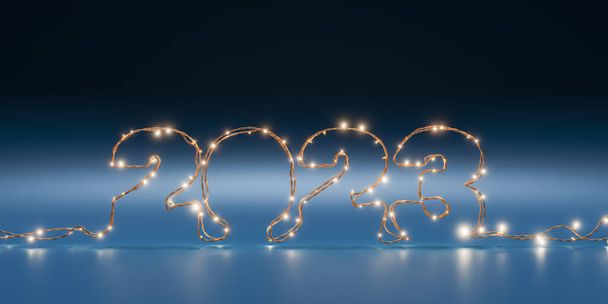 3D illustration of 2023 inscription formed with shiny fairy lights during New Year celebration against blue background - Photo, Image