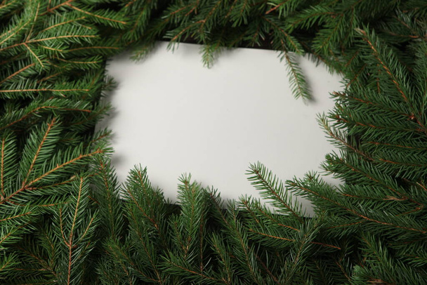 Holidays greeting card or banner composition with pine tree branches. Merry Christmas background and Happy New Year 2023. - Photo, Image