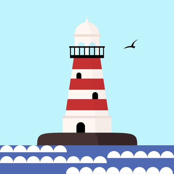 Sea lighthouse on ocean coast rock. Nautical beacon tower. Vector illustration in flat cartoon style.  - Vector, Image