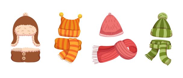 Смешные шляпы и шарфы для холодных сезонов, теплые осенние и зимние текстильные шапки для девочек или мальчиков с милыми ушами, ушами и бубо изолированы на белом фоне. Вектор мультипликации - Вектор,изображение