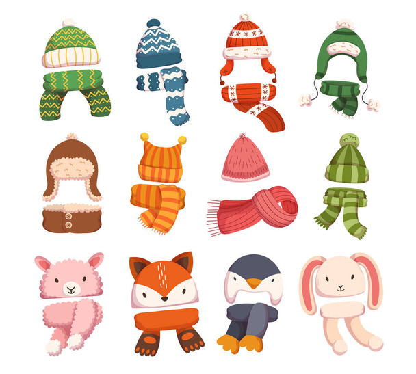 Σύνολο παιδικών καπέλων για τις χειμερινές και φθινοπωρινές εποχές, πλεκτά και υφασμάτινα καπελάκια για κορίτσια ή αγόρια που απομονώνονται σε λευκό φόντο. Παιδικά Headwear Design Elements για κρύο καιρό. Εικονογράφηση διάνυσμα κινουμένων σχεδίων - Διάνυσμα, εικόνα