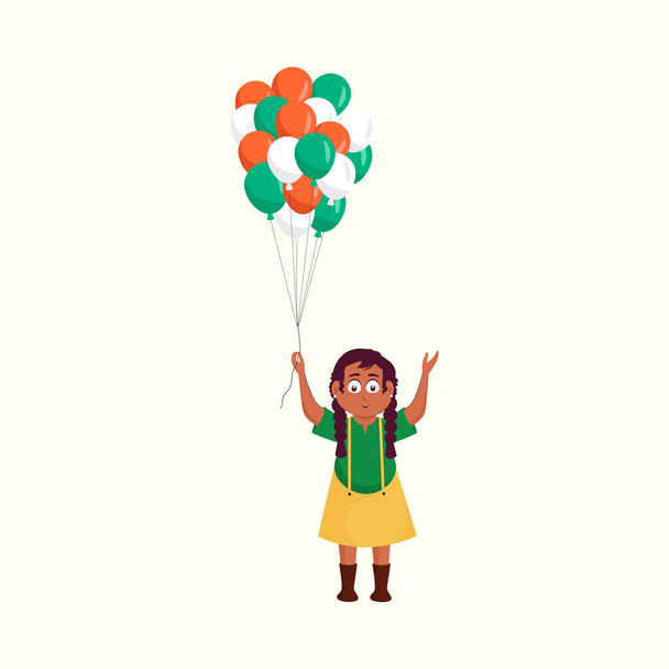 Student Girl Holding Tricolor Balloon Bunch On White Background. - Διάνυσμα, εικόνα