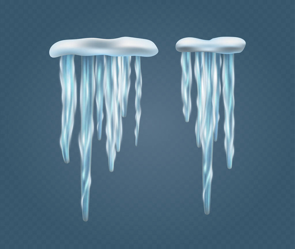 Tappi da neve con ghiaccioli appesi, gelo invernale realistico isolato su sfondo blu. Tappi da neve astratti e ghiaccioli ghiacciati per Natale e Capodanno. Illustrazione vettoriale 3d - Vettoriali, immagini