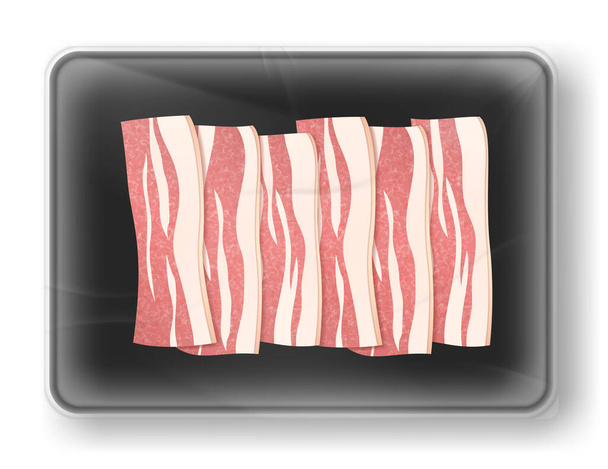 Fresh bacon in transparent plastic package. Meat on plastic trays or vacuum wrap containers. Template food packaging, market, grocery concept. Realistic 3d vector illustration - Vector, Image