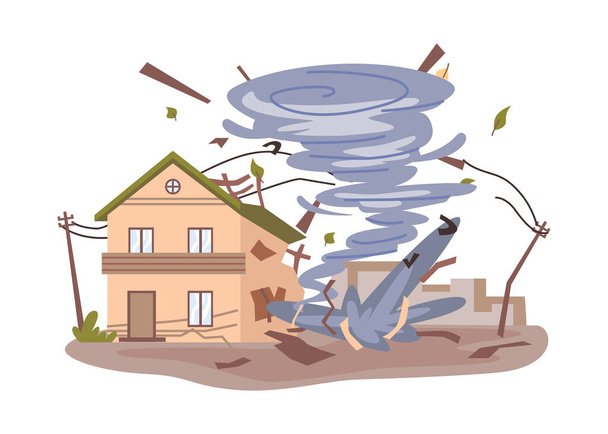 Tornado destructivo vórtice dañando casas en su camino. Desastre natural aislado y catástrofe, cataclismo de tormentas o ráfagas de viento. Vector en estilo plano - Vector, imagen