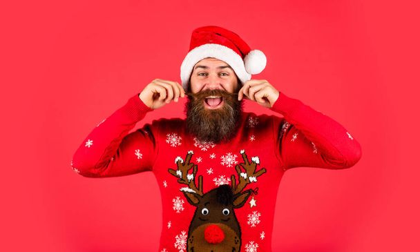 Bearded man santa hat. Changes and improvements. Winter holiday fun. Emotional hipster with mustache winter sweater. Santa man. New year party. Stay warm in new home this winter. Christmas time. - Foto, immagini
