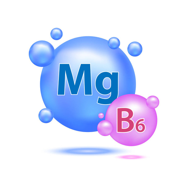 Minéraux Magnésium Mg et vitamine B6 pour la santé. Le concept de nutrition médicale et alimentaire. Illustration vectorielle 3D. Isolé sur fond blanc. - Vecteur, image