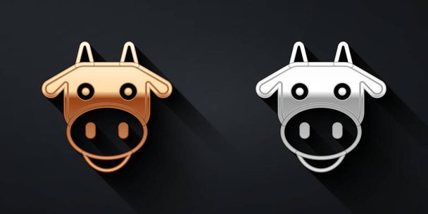 Gold and silver Cow head icon isolated on black background. Long shadow style. Vector - Vettoriali, immagini