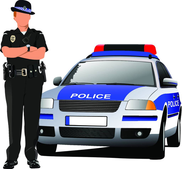 "Poliisinainen seisomassa poliisiauton lähellä valkoisella eristettynä. Vektori
" - Vektori, kuva