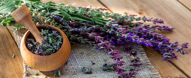 Kukoistava salvia. Kotimaisia ja aromaattisia yrttejä. Kuivattu Salvia Lehdet ja kukat - Valokuva, kuva
