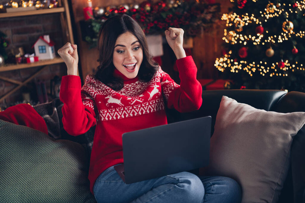 Photo of overjoyed delighted girl raise fists use wireless netbook december miracle house indoors. - Φωτογραφία, εικόνα
