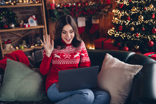 Photo of excited cheerful person sit sofa hand waving speak video call christmastime atmosphere indoors. - Foto, imagen