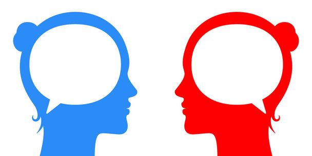 Women communicating face to face. Different or same point of views, opinions, concept vector illustration. Two adult female persons with text bubbles and geometric figures, talking to each other. - Vector, Image