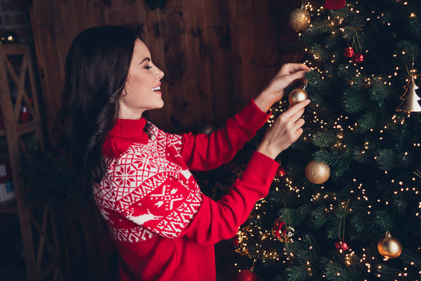 Profile photo of attractive peaceful girl enjoy hanging toys xmas tree spirit time house indoors. - 写真・画像