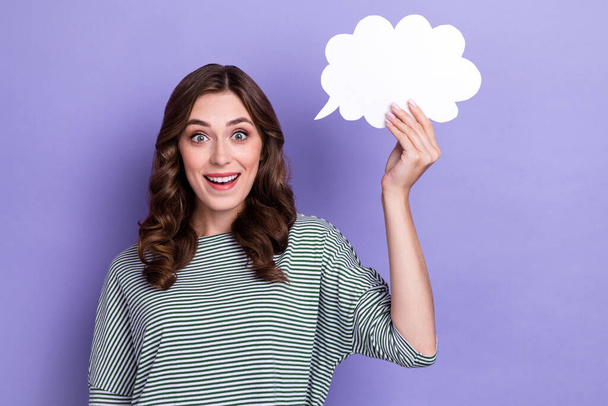 Photo of crazy surprised curly hair businesswoman wear striped stylish shirt genius mind hold paper bubbl cloud isolated on violet color background. - Φωτογραφία, εικόνα