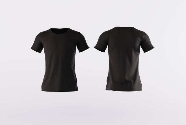 Camiseta negra aislada sobre fondo blanco brillante. Concepto para la venta de camisetas, tiendas de ropa. Renderizado 3D; Ilustración 3D. - Foto, imagen